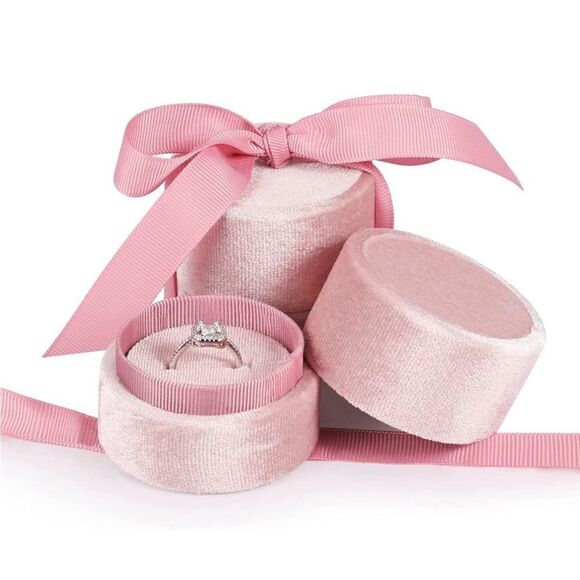 NEW! Pink Crushed Velvet Round Ribbon Jewelry Holder Gift Box - Picture 7 of 11